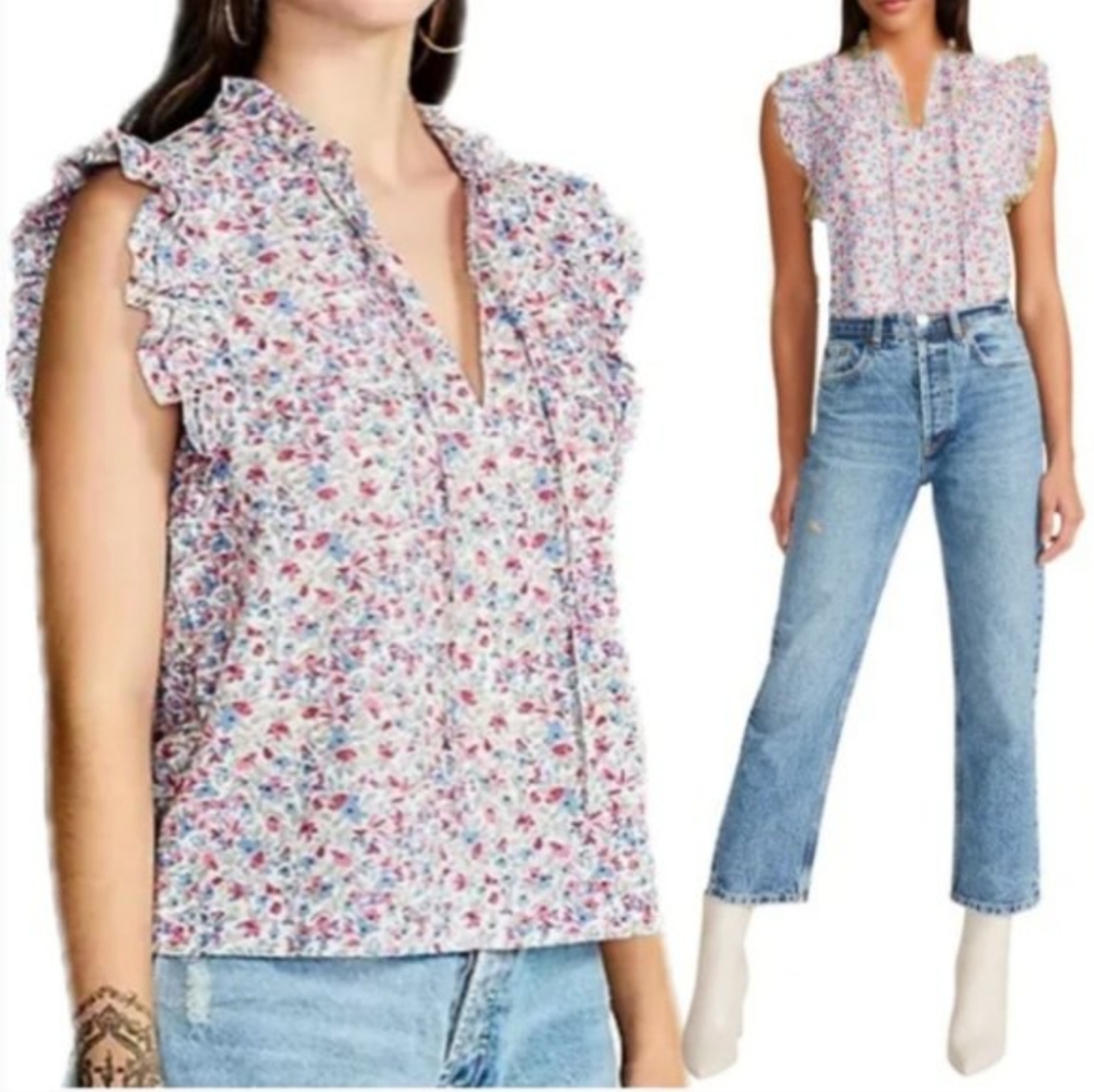 BB Dakota Cottage Ditsy Blouse Top Woman M Flounc Floral Sleeveless Lightweight